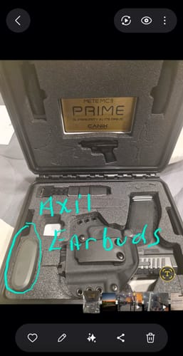 Reviewer's XCOR PRO earbuds case shown inside a foam-lined gun carrying case with accessories.