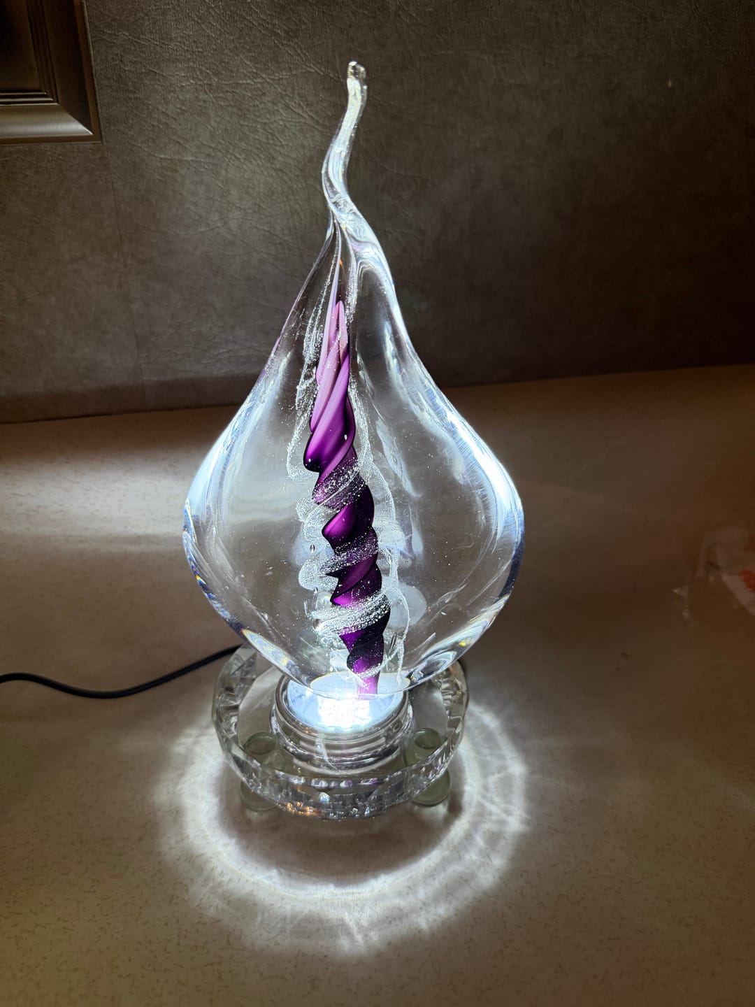 Customer photo review of Illuminated Memorial Glass Flame with Cremation Ashes