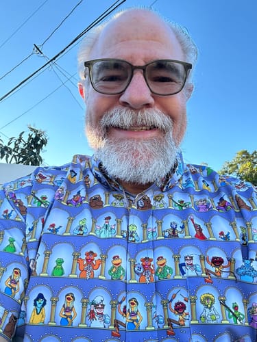 Reviewer smiling while wearing the colorful Disney's The Muppets 'Light the Lights' short sleeve shirt.