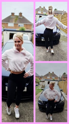 Reviewer's collage showing a homemade sweater made from the baby pink Ultra Soft Cuddle Fleece.