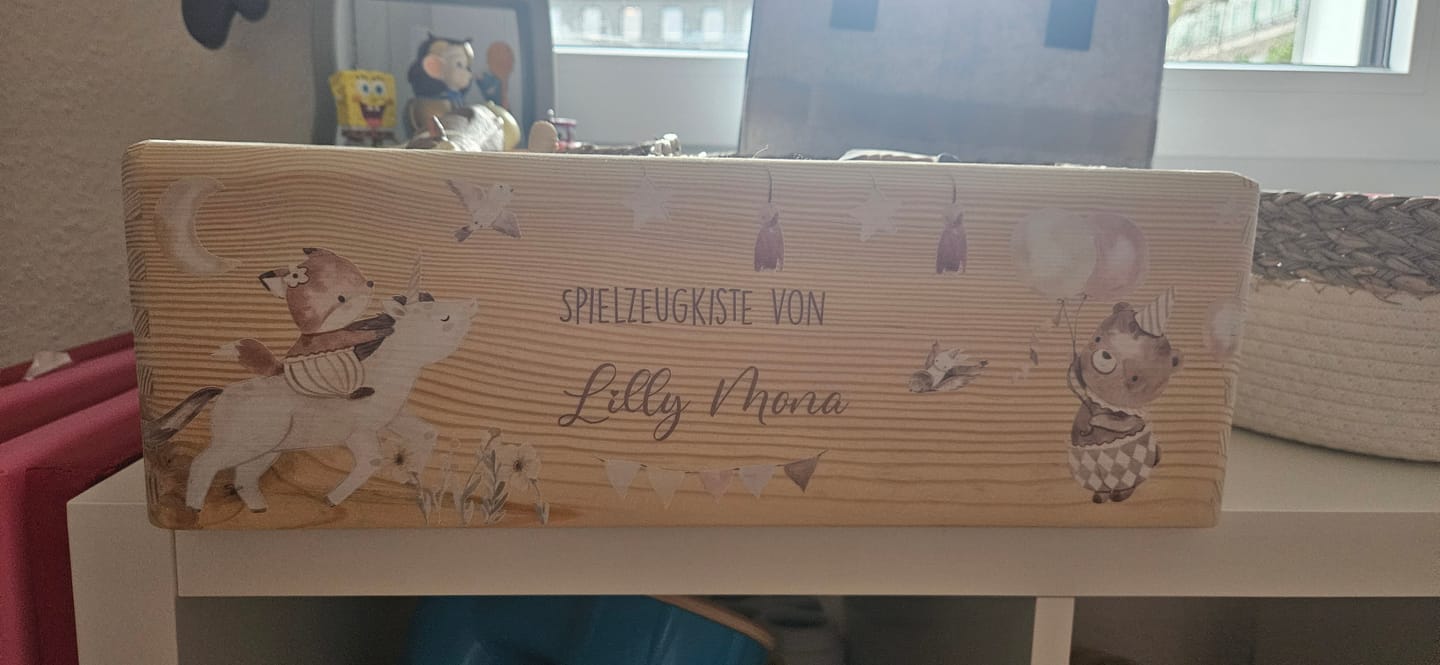 Customer photo review of Spielzeugkiste personalisiert mit Namen - Regenbogen Fantasiewelt