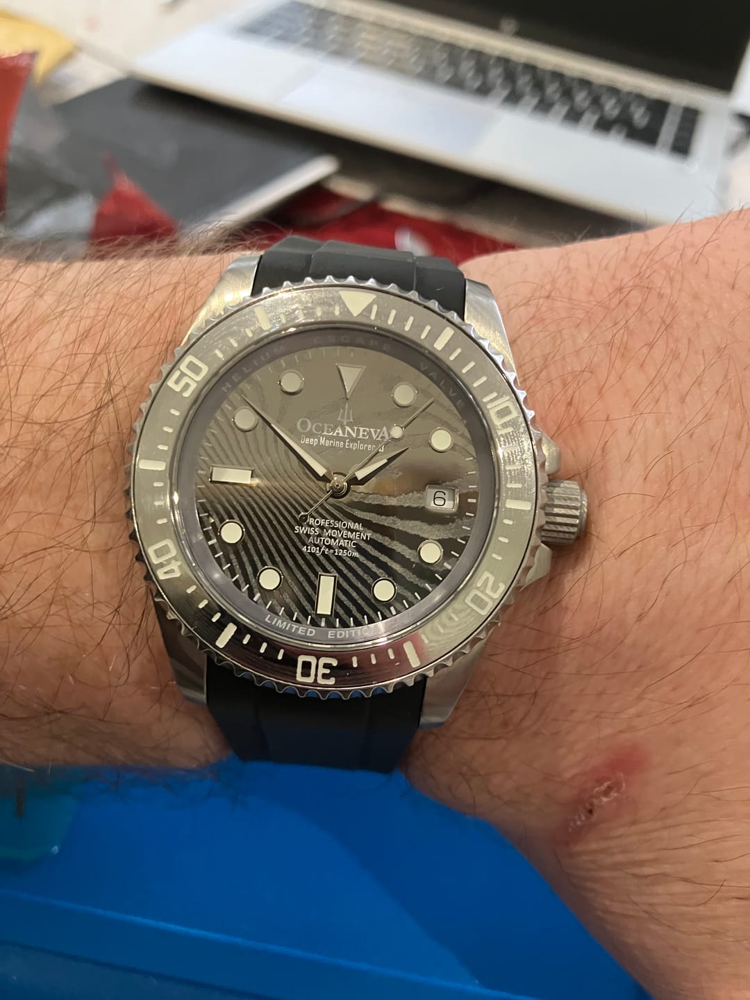 Customer photo review of Oceaneva Mens Deep Marine Explorer II Damascus Steel Dial Watch Rubber