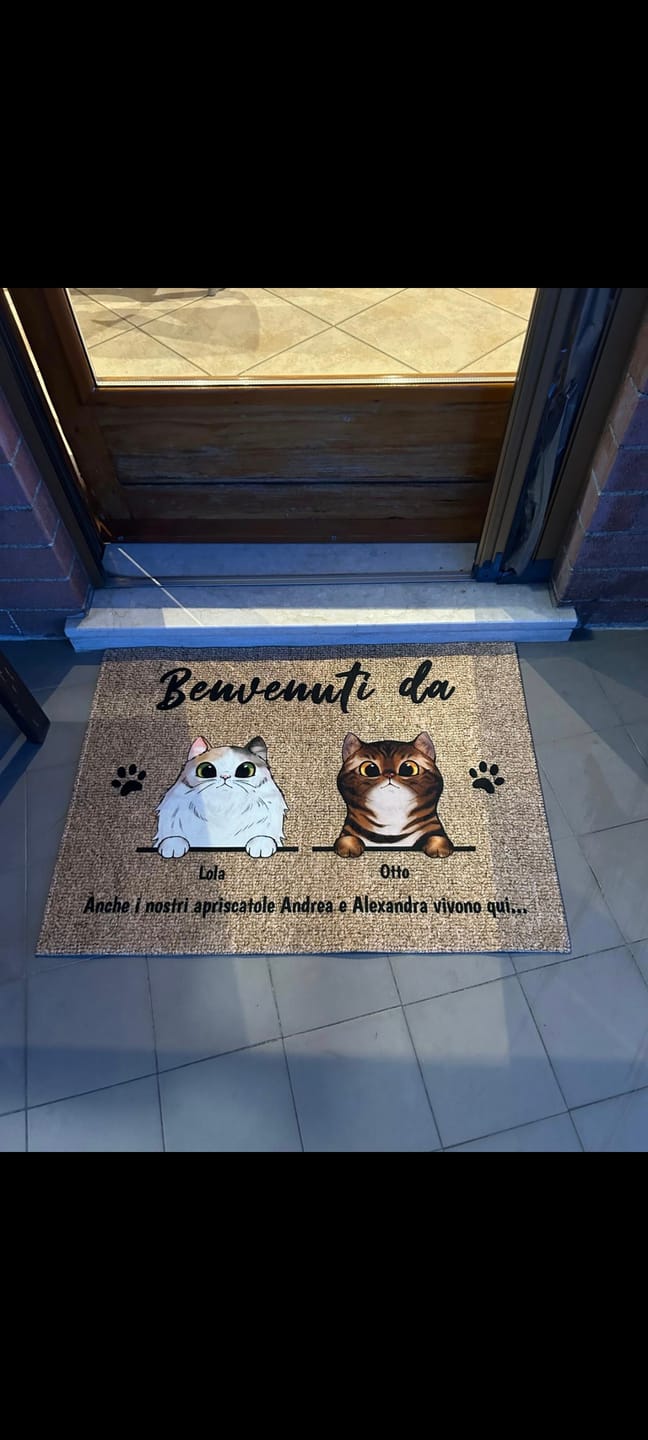Customer photo review of Benvenuti da gatti curiosi - Zerbino personalizzato