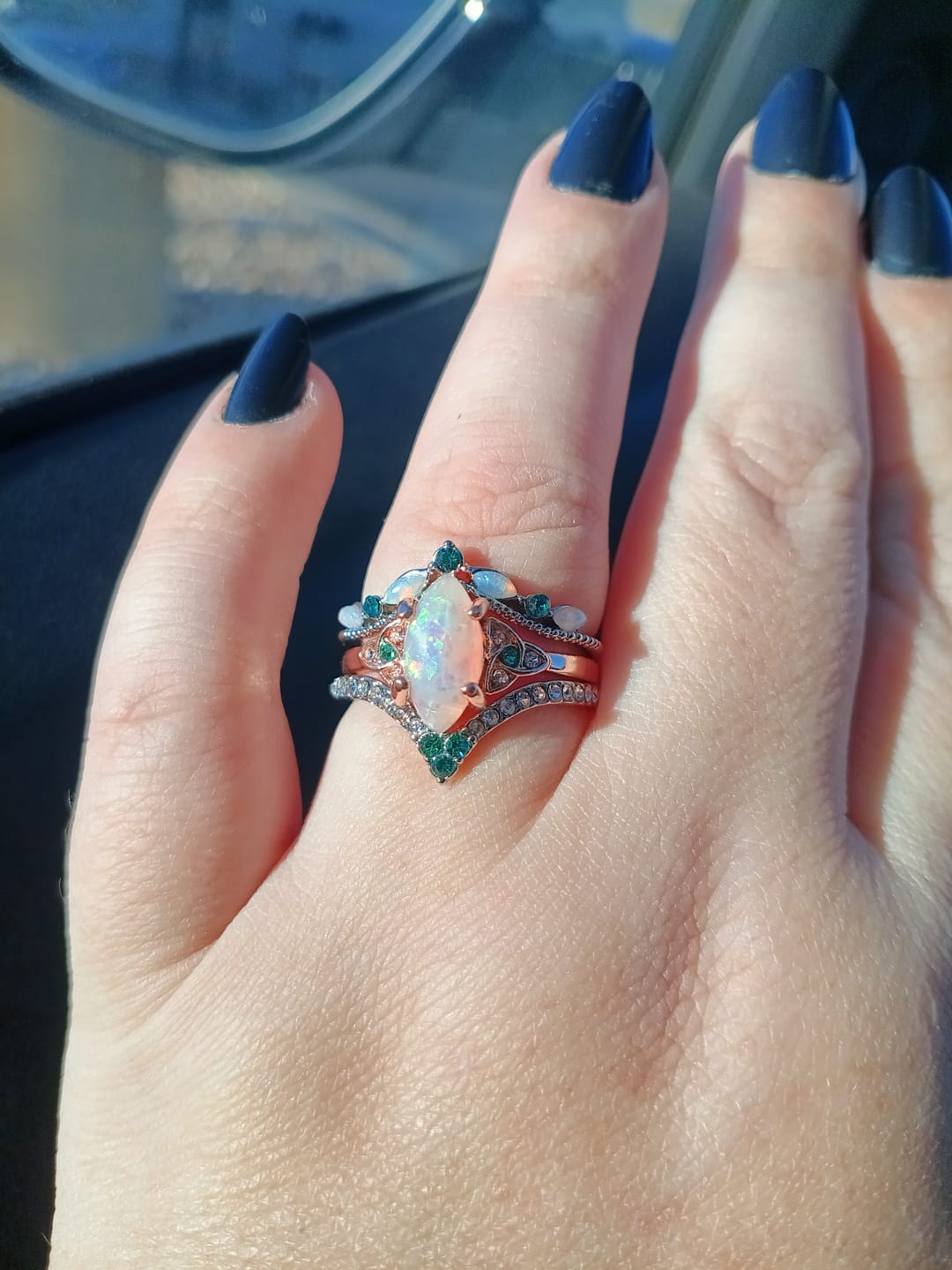 Customer photo review of FREE Today: Vintage Milgrain Marquise Opal and Emerald Three-Piece Ring Set
