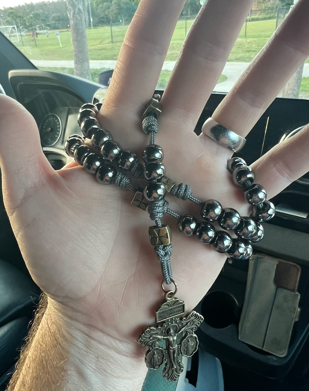Customer photo review of FREE Today: Miraculous Medal & Crucifix of 8 mm Round Silver Black Gallstone Nylon Cord Rosary