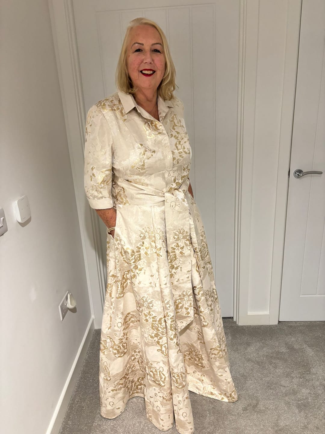 Customer photo review of 'Signature' Gold and Cream Brocade Maxi Shirt Dress