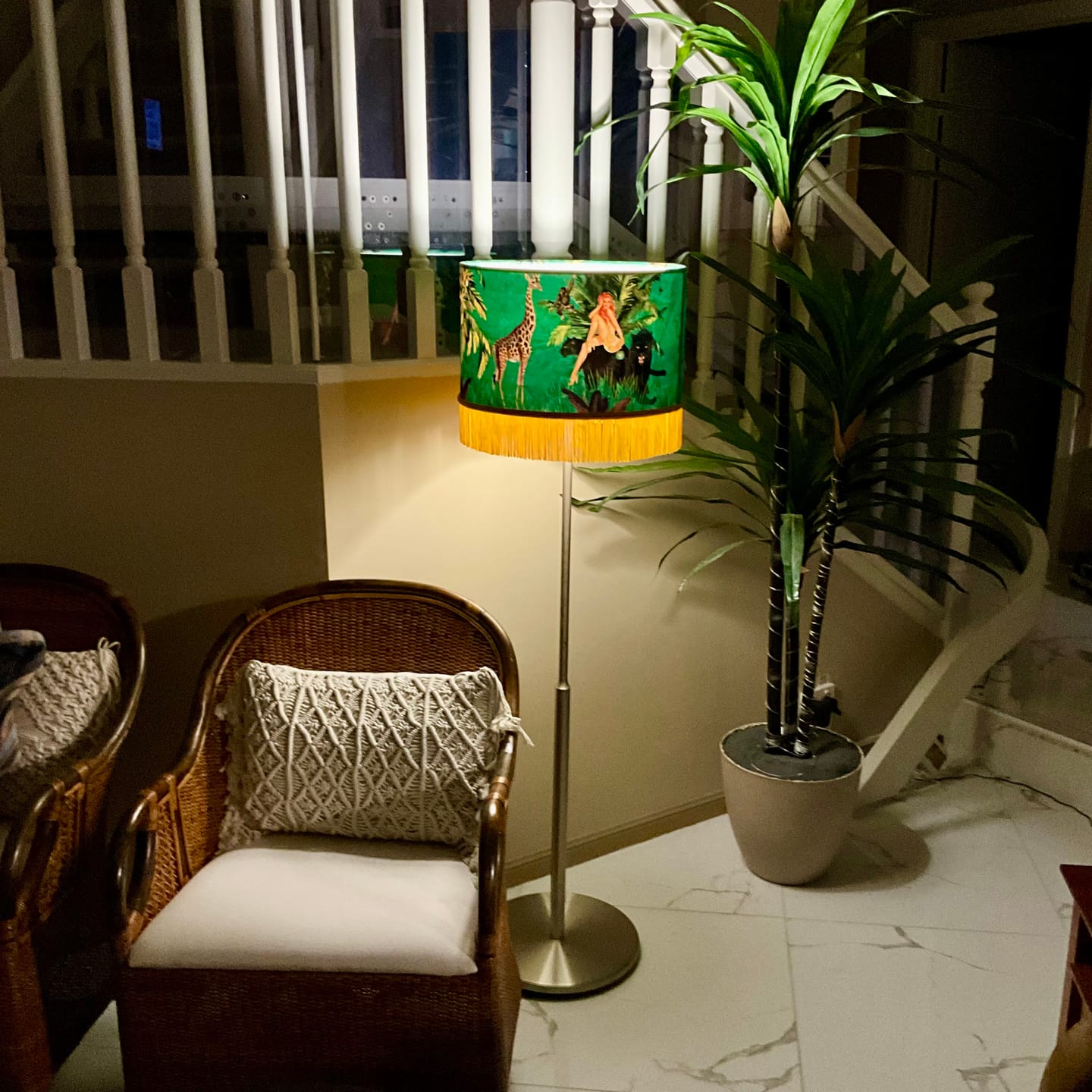 Customer photo review of Queen K Jungle Walk Green Tassel Fringed Drum Lampshade
