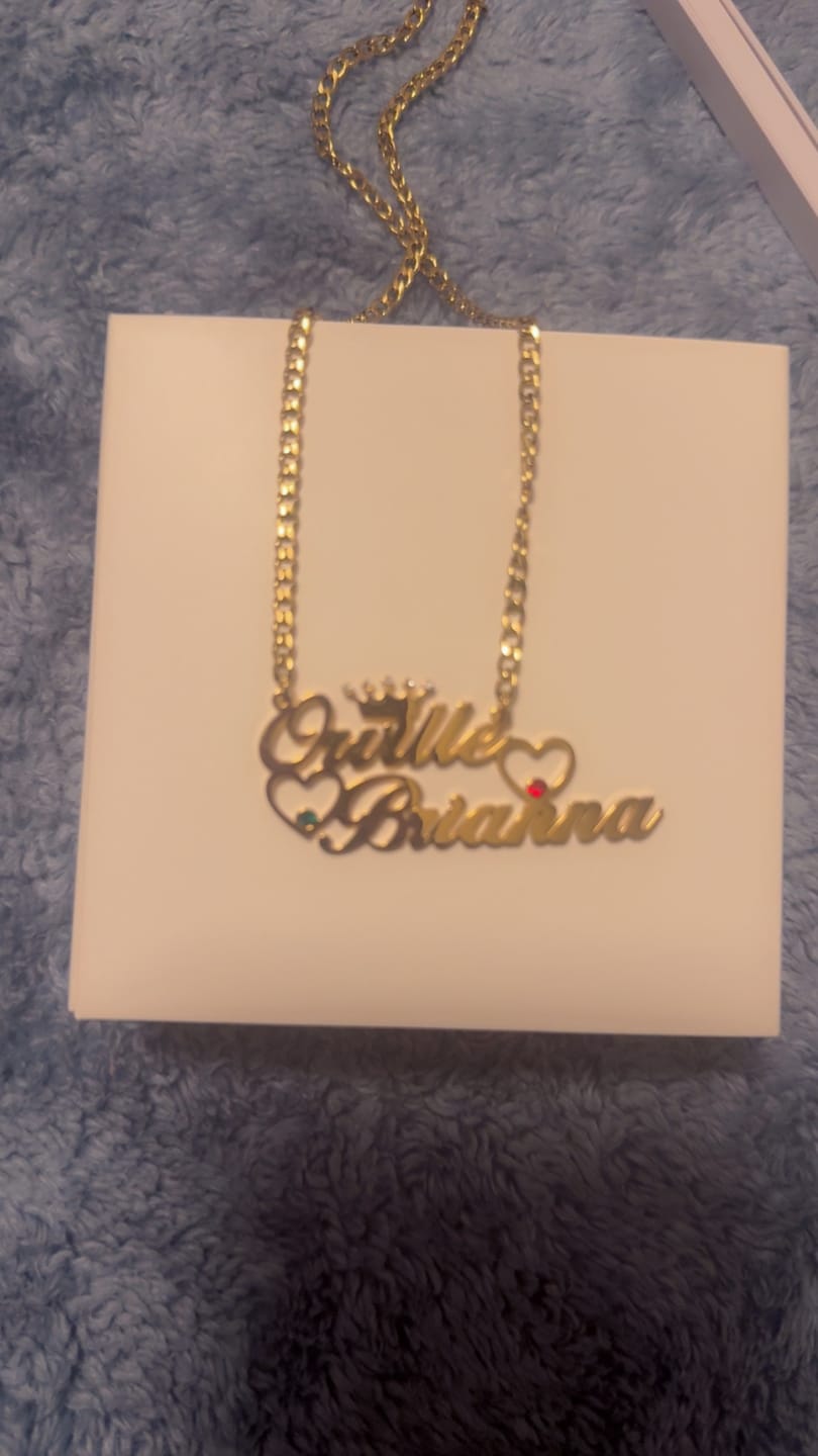 Customer photo review of Double Heart Name Necklace w/ Cuban Chain
