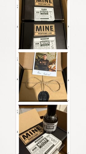 Recensore mostra un collage di foto del suo ordine, inclusa la confezione nera del profumo ALLERIA.