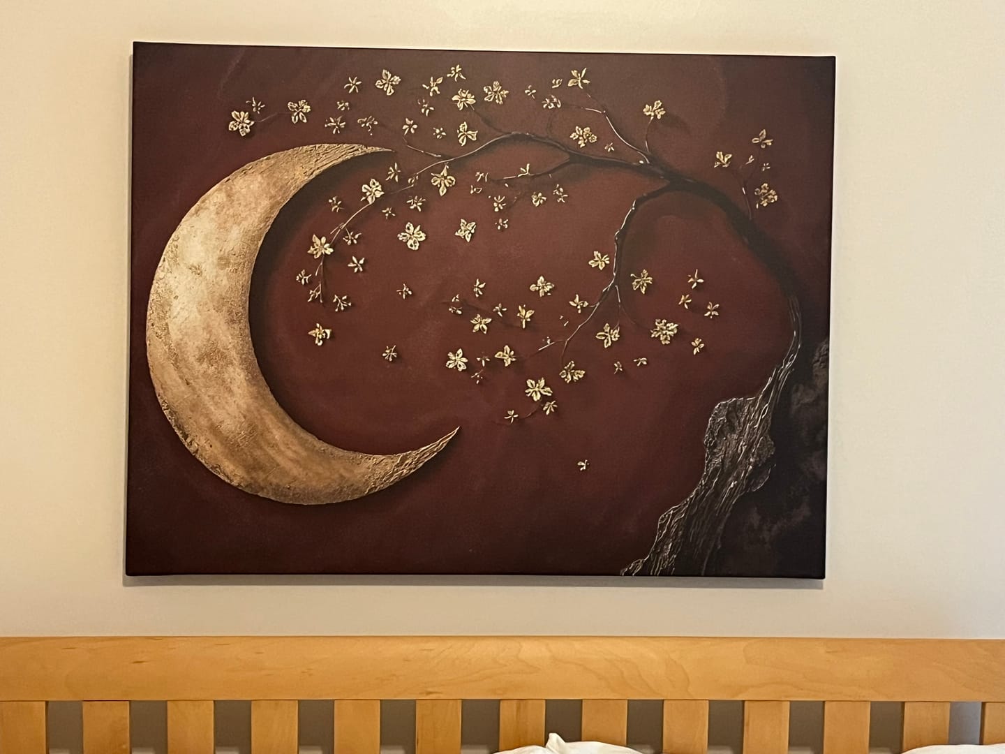 Customer photo review of Enchanted Moonrise Wall Art – Crescent Moon and Blossoming Branch Canvas