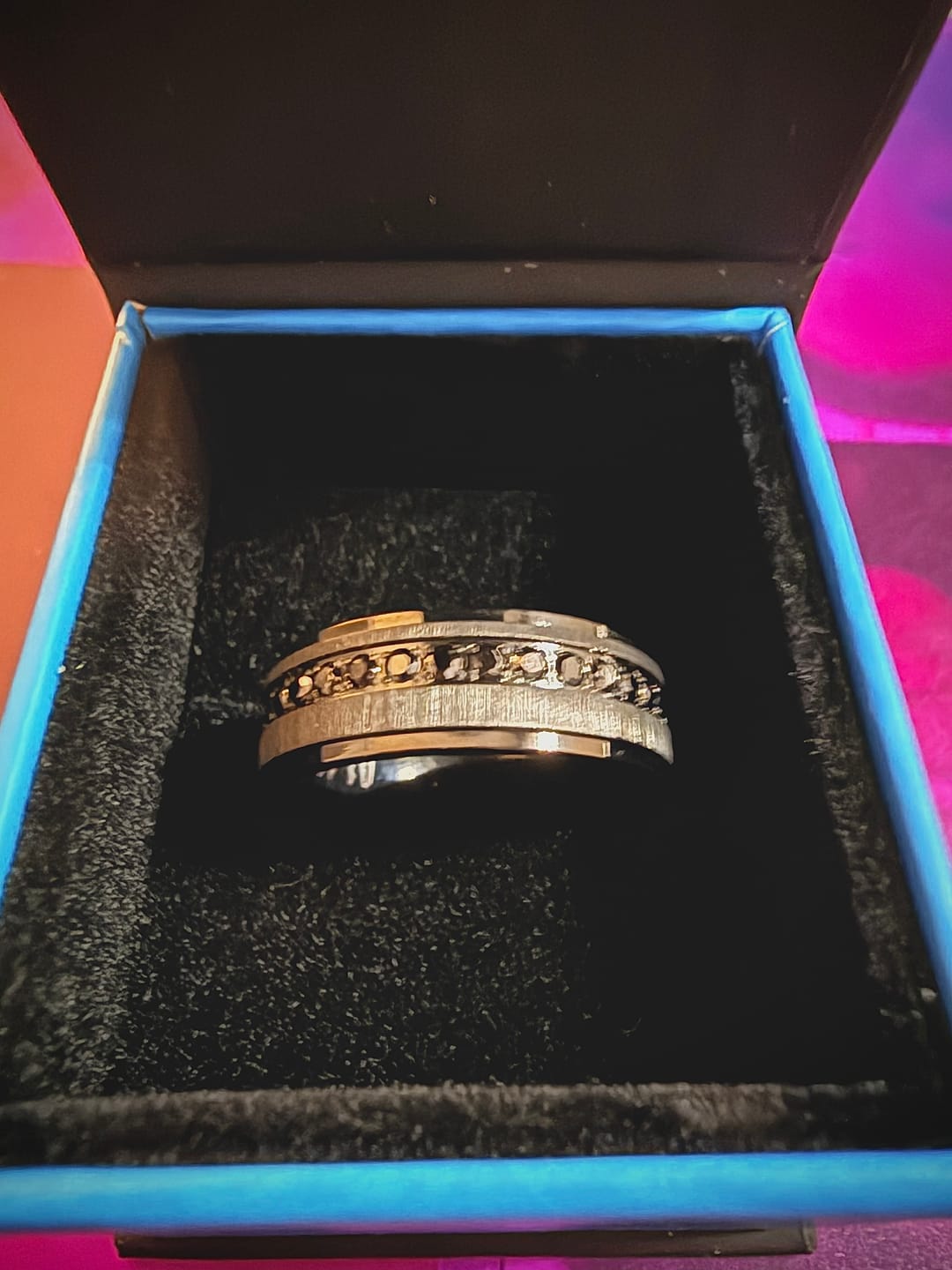 Customer photo review of 8mm Black Titanium Wedding Ring with Round Black Diamonds