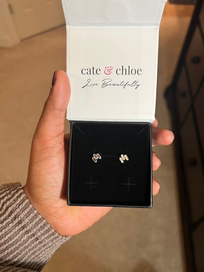 Customer photo review of Jovie 18k White Gold Plated 3-Stone Stud Earrings with Swarovski Crystals