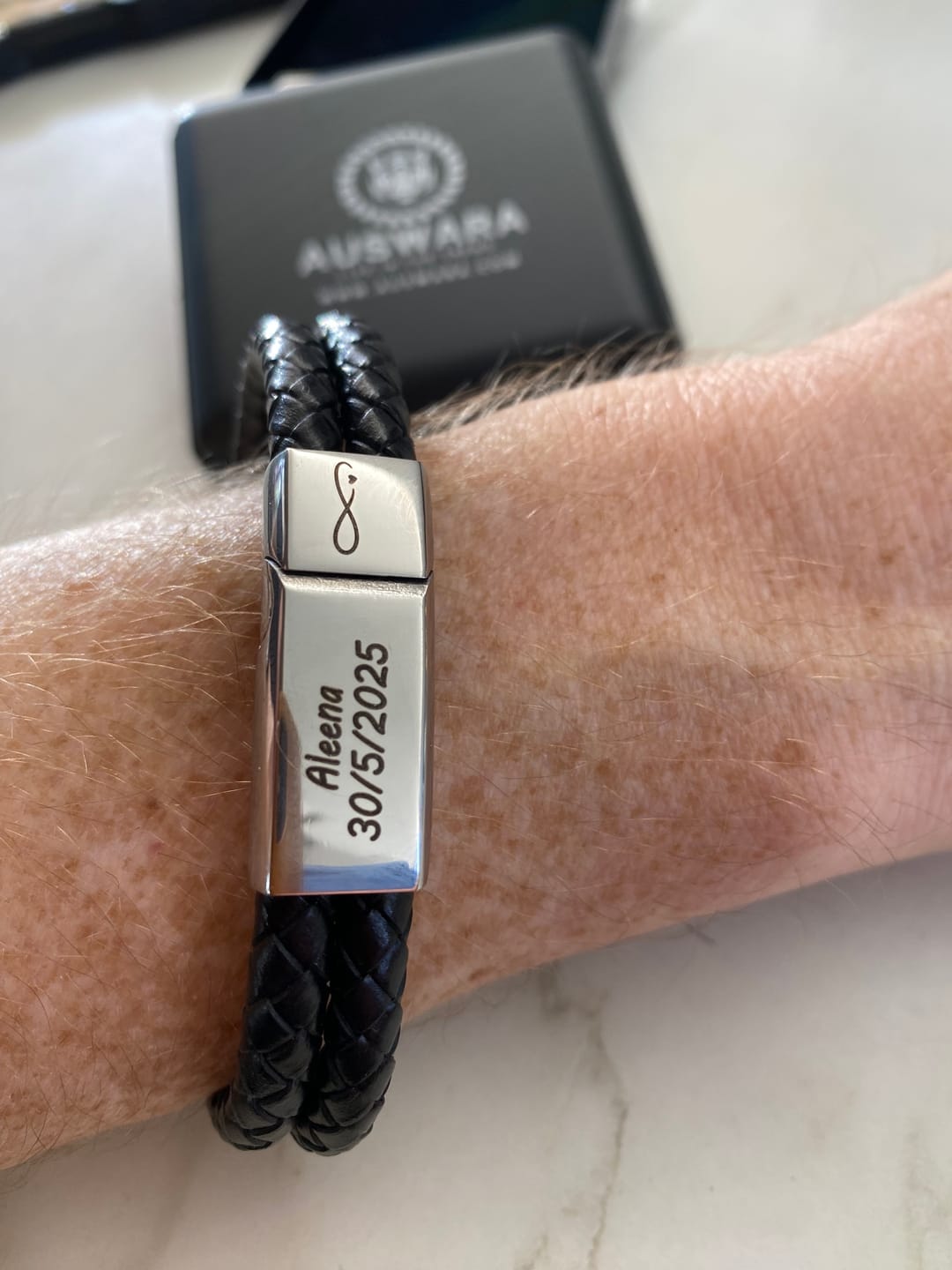Customer photo review of Black Double Braided Personalised Leather Bracelet