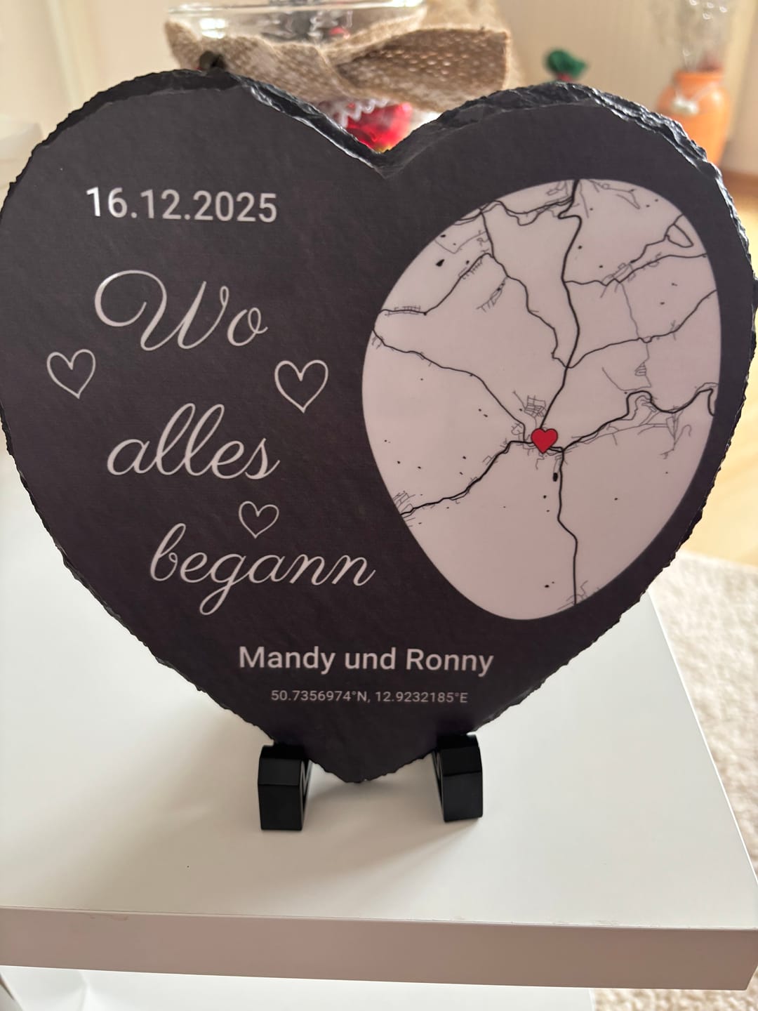 Customer photo review of Wo alles begann - Personalisiertes Schieferherz (15x15)
