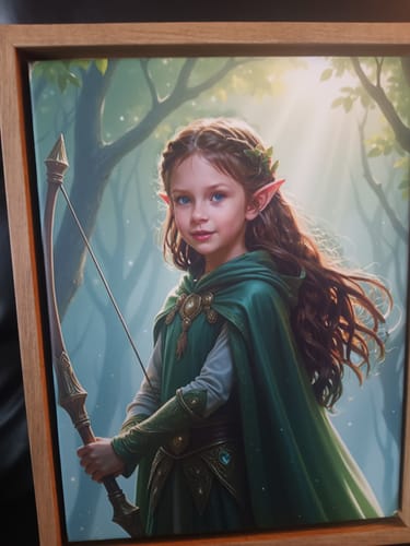 Customer's 12x16 canvas in a wooden frame, displaying a fantasy portrait of a young elf girl holding a bow.