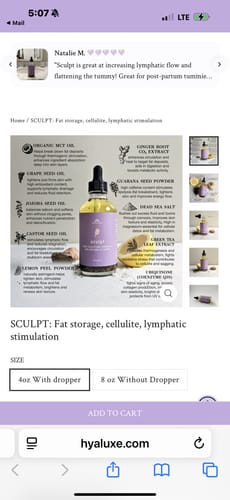 Customer's screenshot of the SCULPT body oil product page, showing the bottle with its ingredients listed around it.