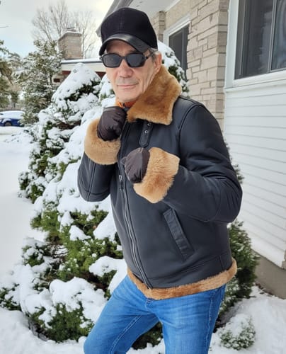 Customer photo review of Classic Ginger Brown B3 Bomber Aviator Shearling Jacket