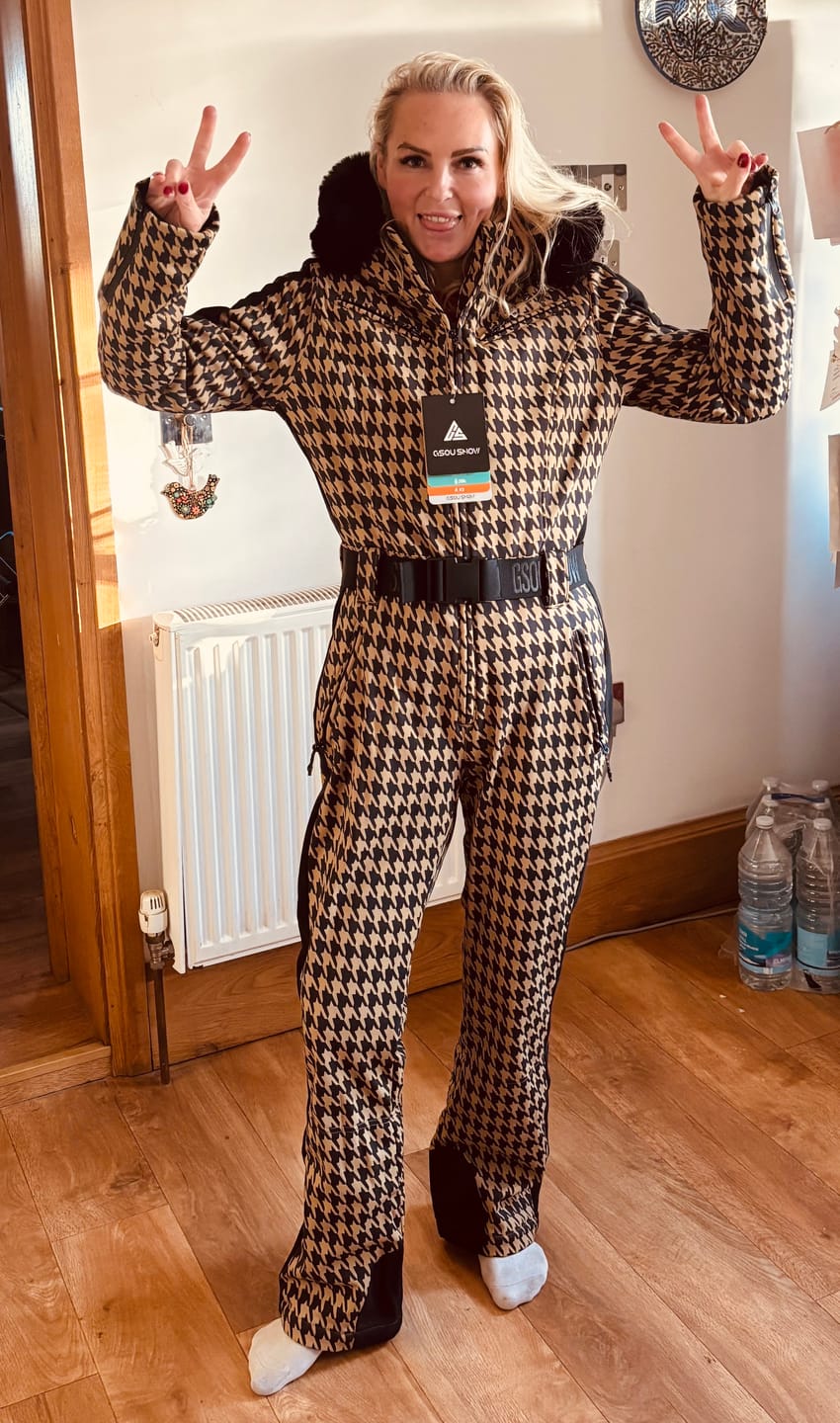 Customer photo review of Women's Slim-Fit Stretch Faux Fur Tan Houndstooth One-Piece Ski Suit