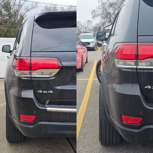 Customer's side-by-side comparison of a black Jeep before and after installing the 1.5" hubcentric wheel spacers.