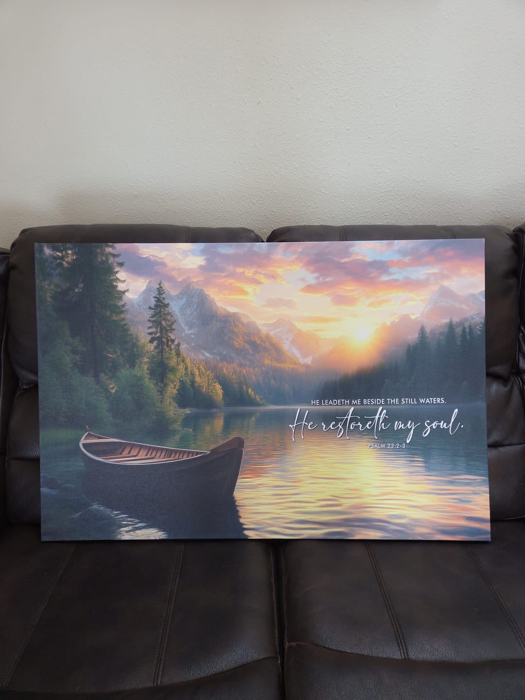 Customer photo review of He Leadeth Me Beside The Still Waters Psalm 23:2-3 Bible Verse Wall Art Canvas