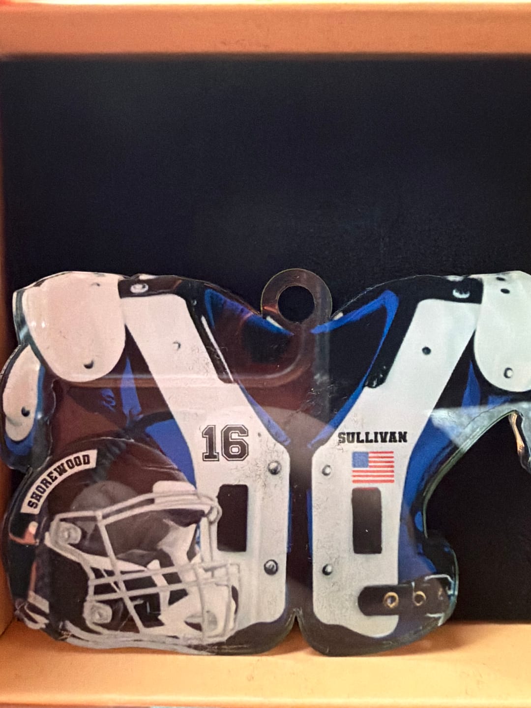 Customer photo review of American Football Shoulder Pads and Helmet Personalized Ornament