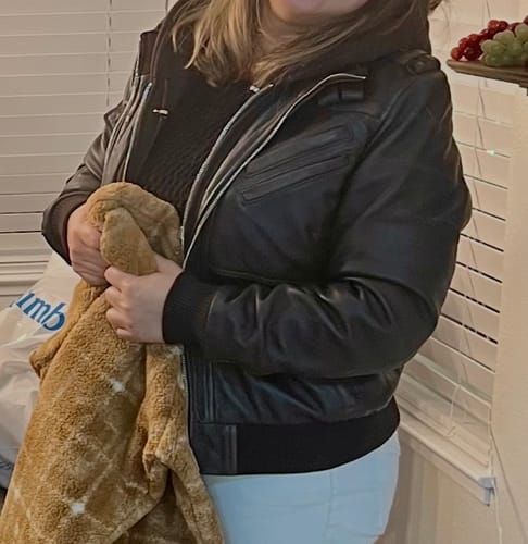 Customer photo review of Women's Dark Brown Rub Off Leather Jacket with Removable Hood