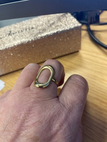 Customer's hand wearing a gold-colored ring with a large, open oblong design from the December Bundle.