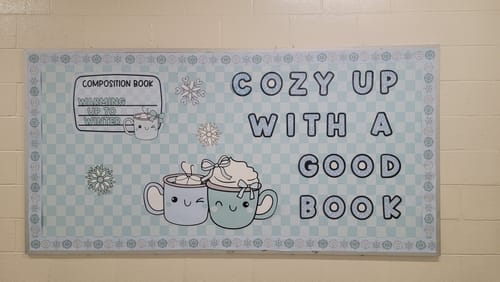 Customer photo review of Winter Pre-Printed Door Decor Bulletin Board Set | Sweet Sips and Snowflakes