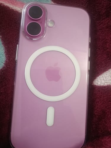 Customer's Anti Yellow Transparent Clear Case on a purple iPhone, showing the white MagSafe ring.