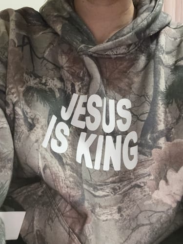 Customer photo review of Jesus Is King Brown Camo Heavy Hoodie