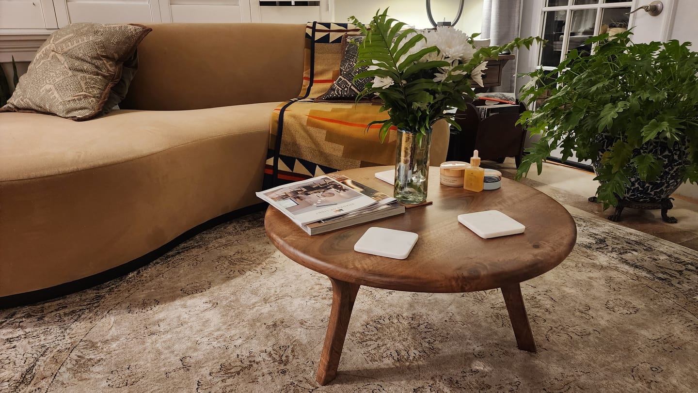 Customer photo review of Sidney Round Coffee Table - Solid Walnut Wood - Mid Century Modern Design