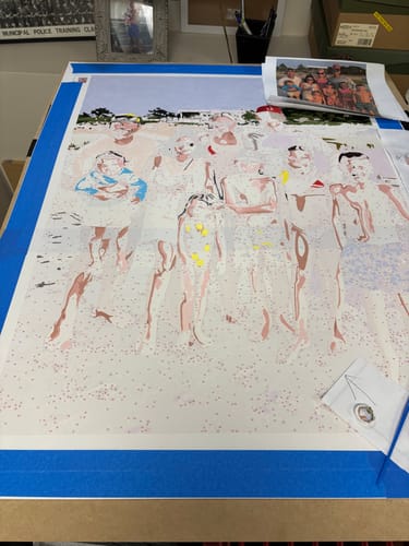 Reviewer's in-progress Custom Paint By Numbers Kit canvas, showing the beginning stages of a group beach photo.