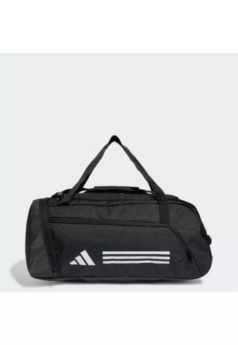 Customer's black adidas Essentials 3-Stripes Duffel Bag, size XSmall, shown from the side against a plain background.