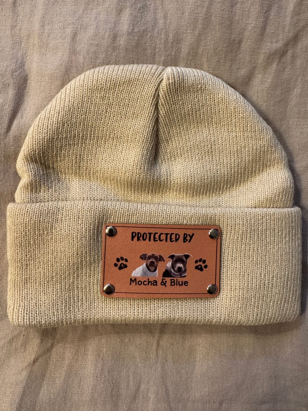 Customer photo review of Baby Beanie Protected By Custom Portraits Using Pet Photo, Personalized Baby Beanie with Leather Patch, Beanie for Newborn, Infant, Baby