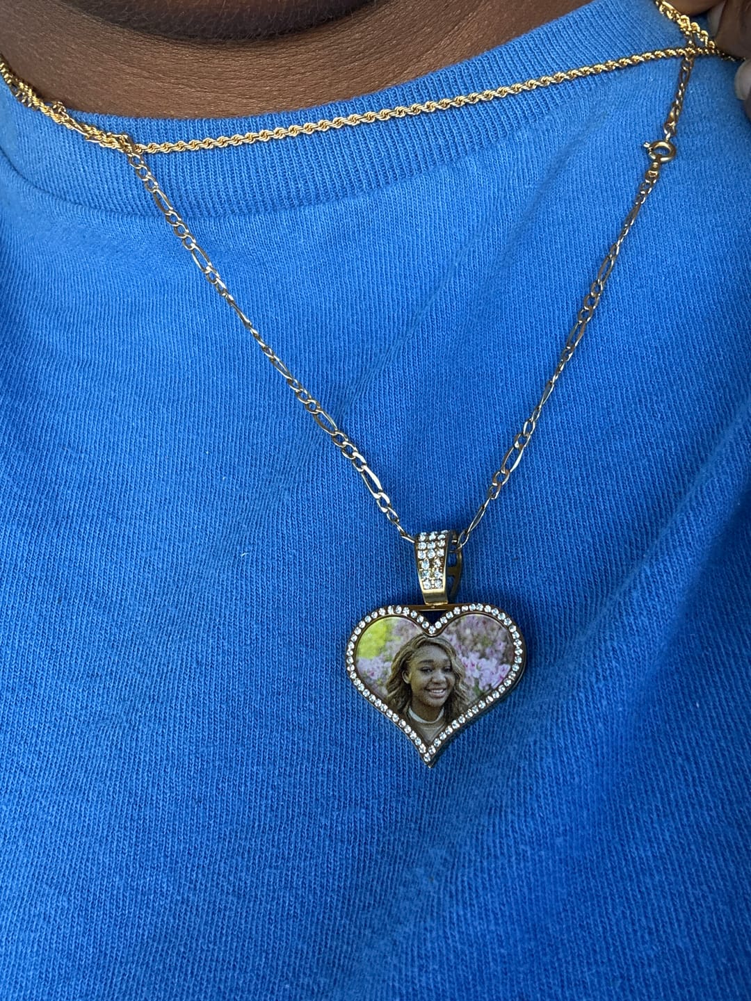 Customer photo review of Iced Heart Spinning Photo Pendant