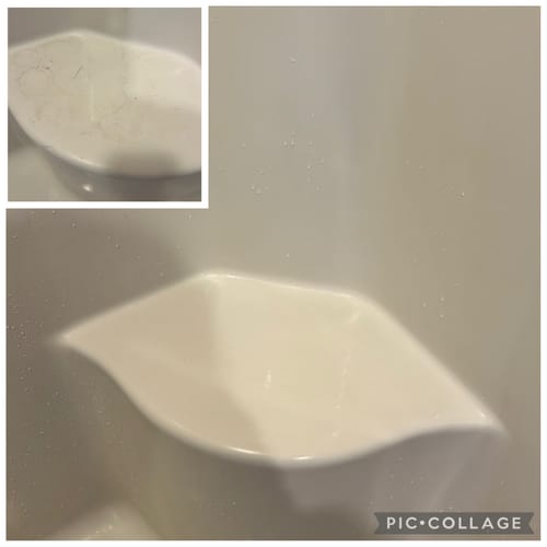 Customer's before-and-after image of a dirty shower shelf, now sparkling clean after using the Bathroom Concentrate.
