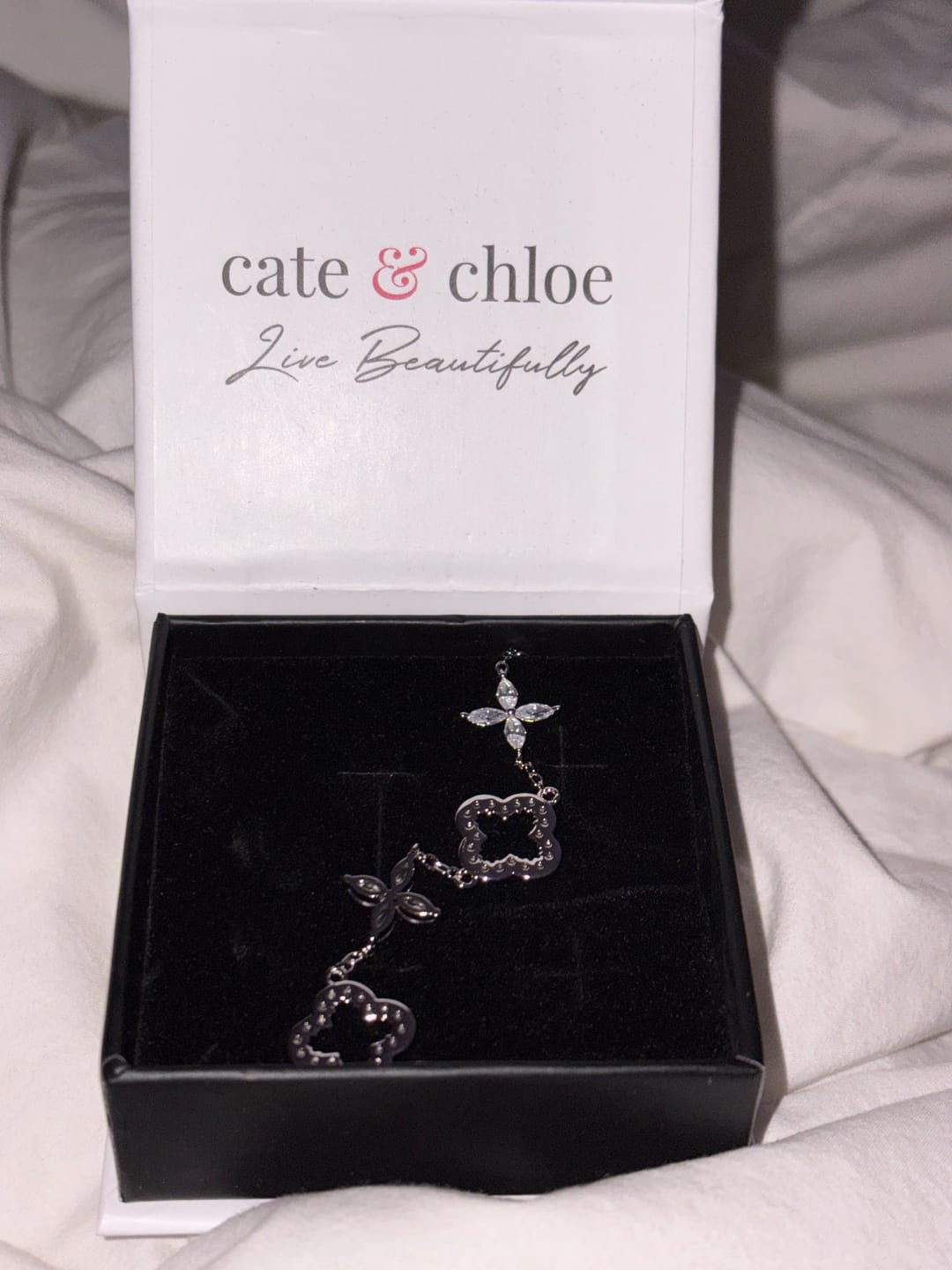 Customer photo review of Samara 18k White Gold Plated Clover Station Bracelet with Swarovski Crystals