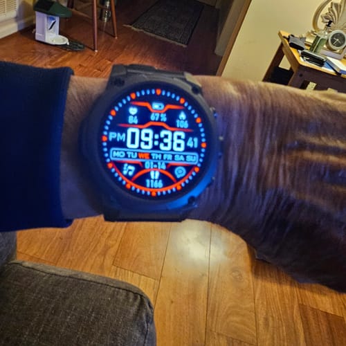 Customer's Gard Pro Ultra 3 smartwatch on their wrist, with the colorful digital display activated.