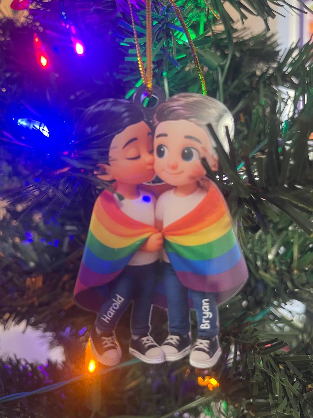 Customer photo review of Pride Month LGBT Couple Love Is Love Personalized Acrylic Christmas Ornament