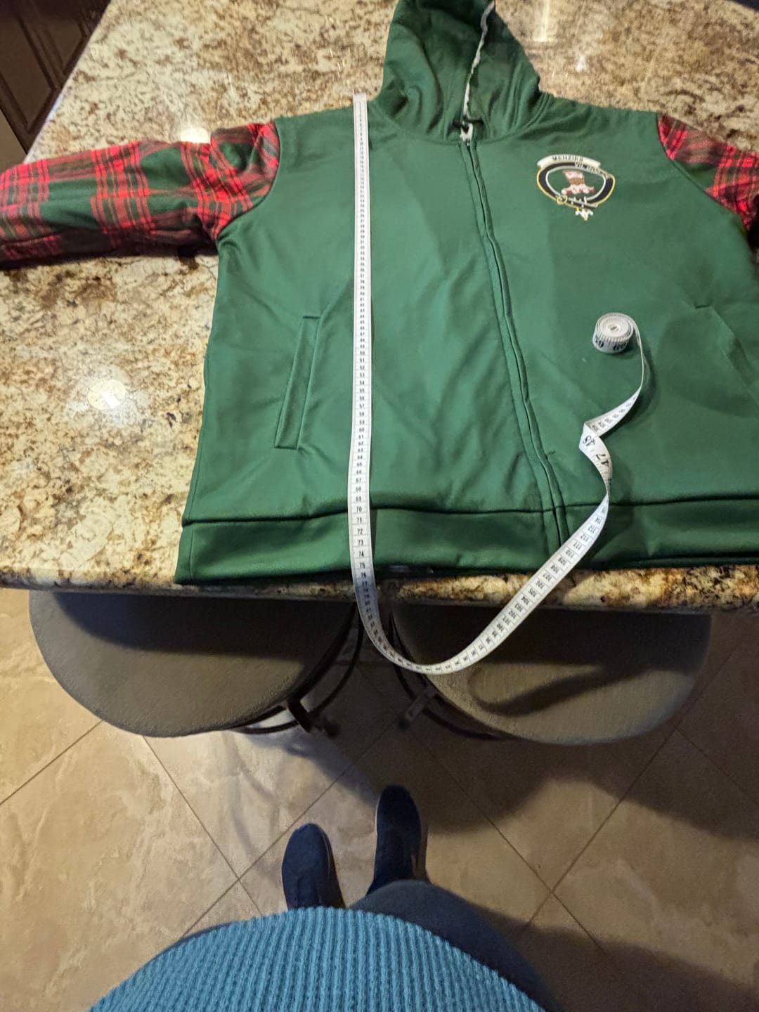 Customer photo review of Scottish Menzies Clan Crest Tartan Plaid Sleeve Sherpa Hoodie
