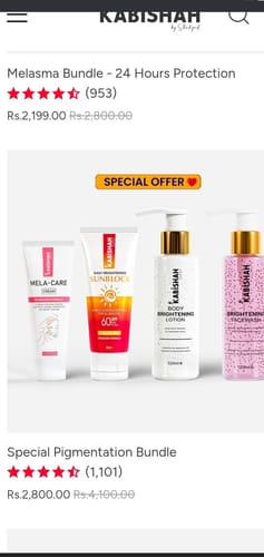 Reviewer's image of the Special Pigmentation Bundle, showing the cream, sunblock, lotion, and facewash.