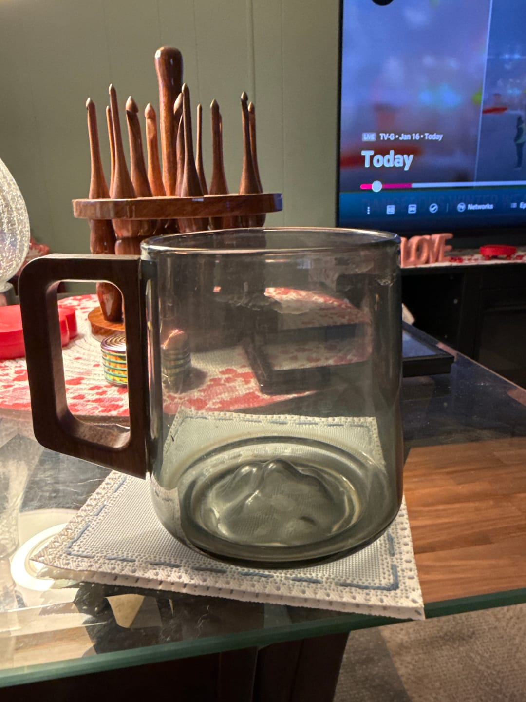 Customer photo review of Smokey Gray Glass Slanted Coffee Cups With Wooden Handle
