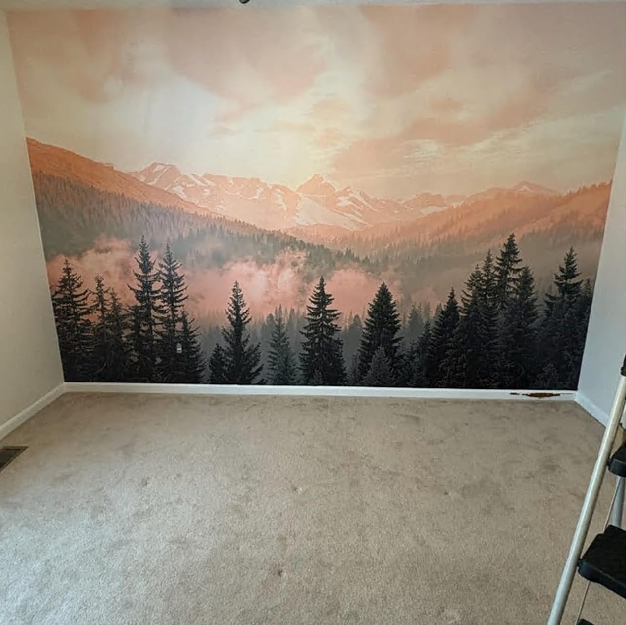 Customer photo review of Pink Mountain Landscape Wallpaper, Pine Forest Wall Mural, Nursery Mountains Mural, Peel and Stick Soft Pink Foggy Nature Accent Wall Decor
