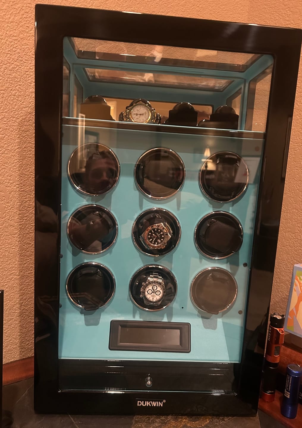 Customer photo review of Fingerprint Lock 9 Watch Winders with Extra 4 Watches Storage LCD Remote Control - Tiffany Blue