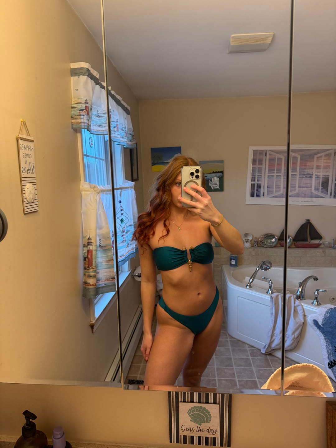 Customer photo review of Seamolly Vintage Ruched U-ring Metal Tied Back Bandeau Top & Brazilian Bottom Bikini Set