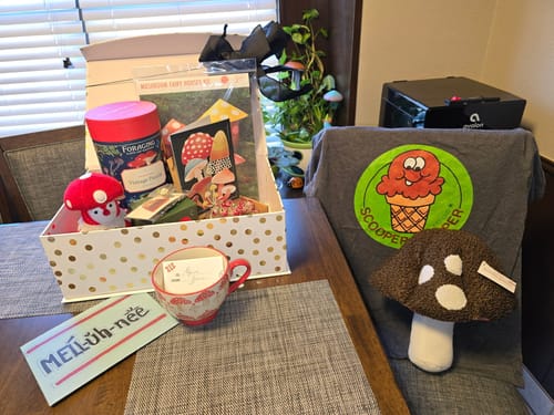 Reviewer's gray Scooper Dooper t-shirt displayed on a chair next to a birthday gift assortment on a table.