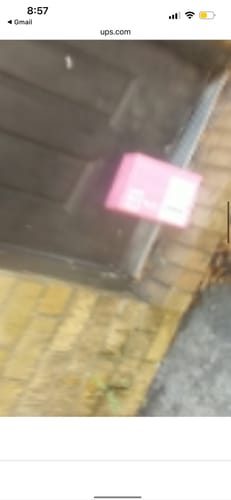 Customer's blurry photo of the pink packaging for the Body Oil Gift Set on a doorstep.