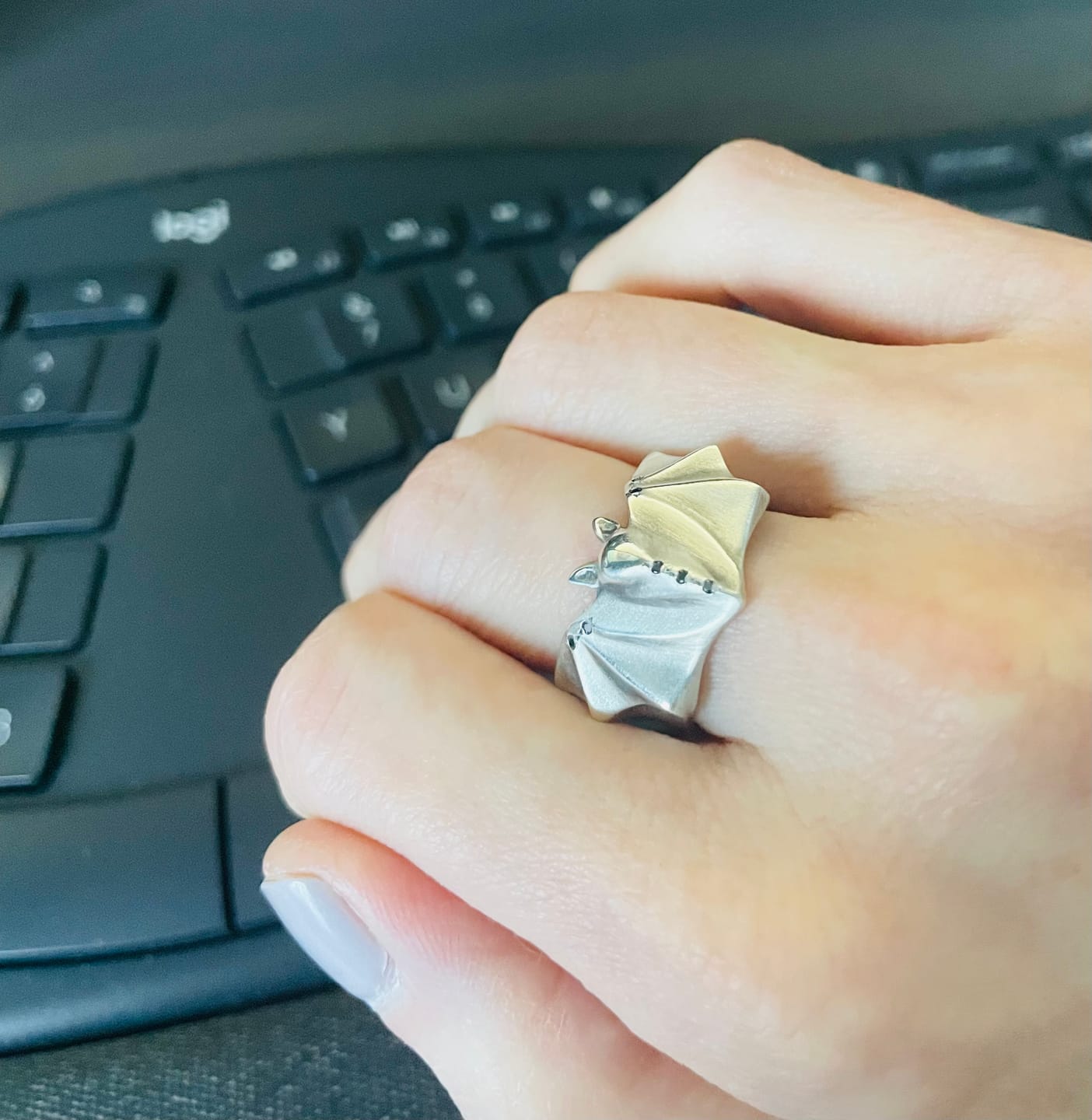 Meaghan D. wearing the Silver Bat Ring with Black Diamonds