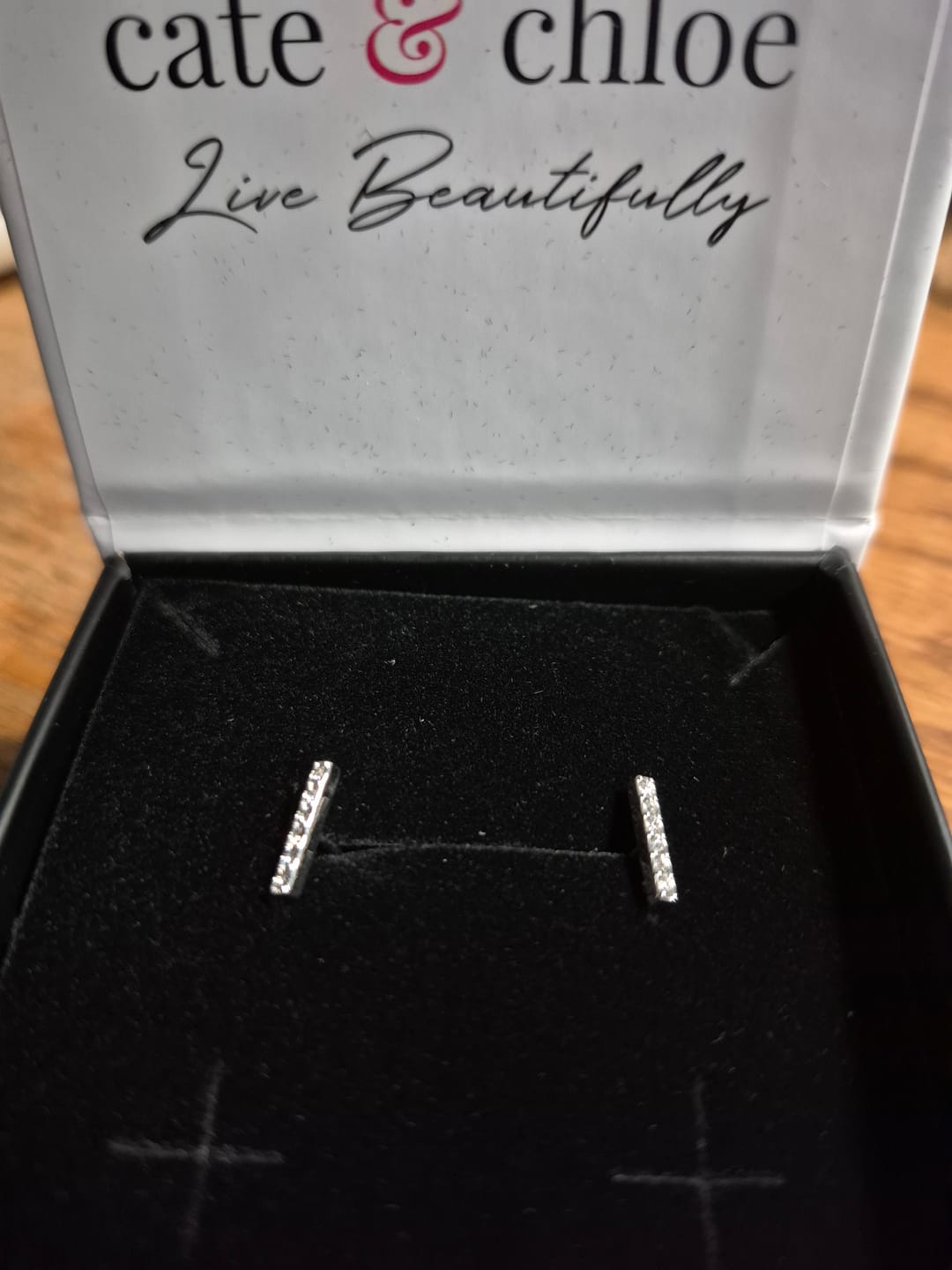 Customer photo review of Hayden 18k White Gold Plated Linear Stud Earrings with Swarovski Crystals