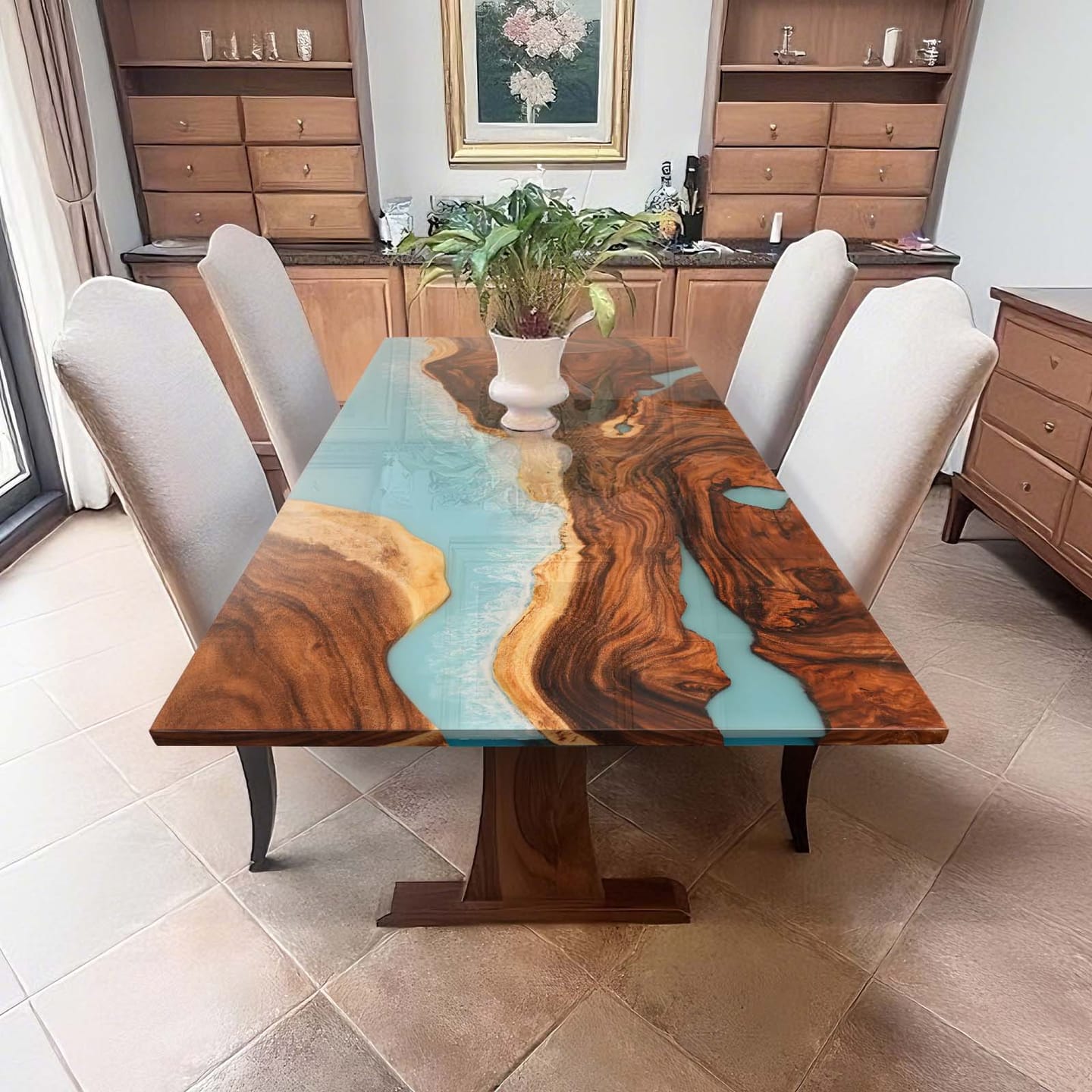 Customer photo review of Custom Golden Camphor Kitchen Epoxy Resin River Table CRT-082